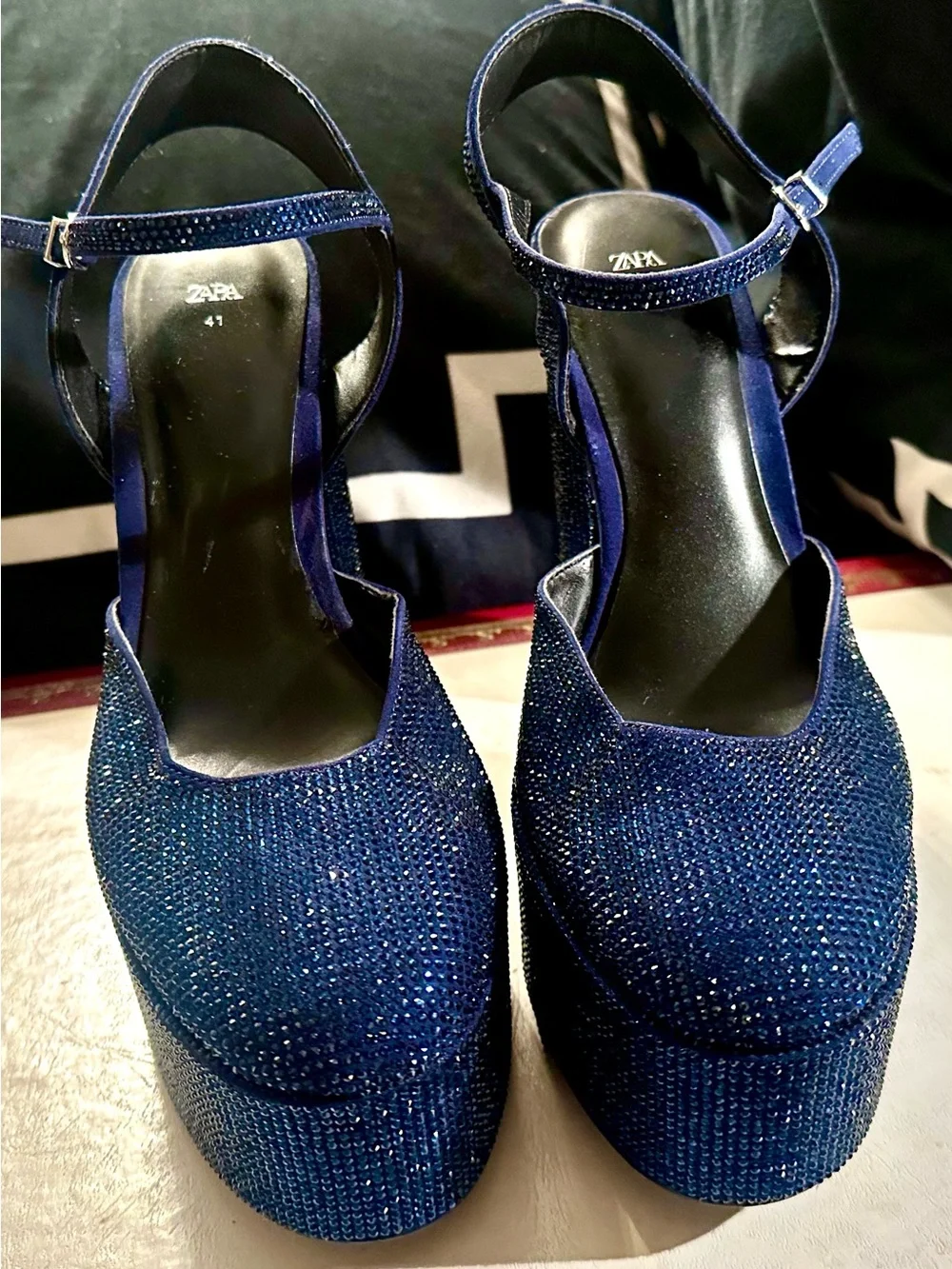 Zara Sparkling Navy Platform Mary Jane Heels